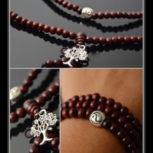 Wood Prayer Beads Mala Silver Tree Yin Yang 108